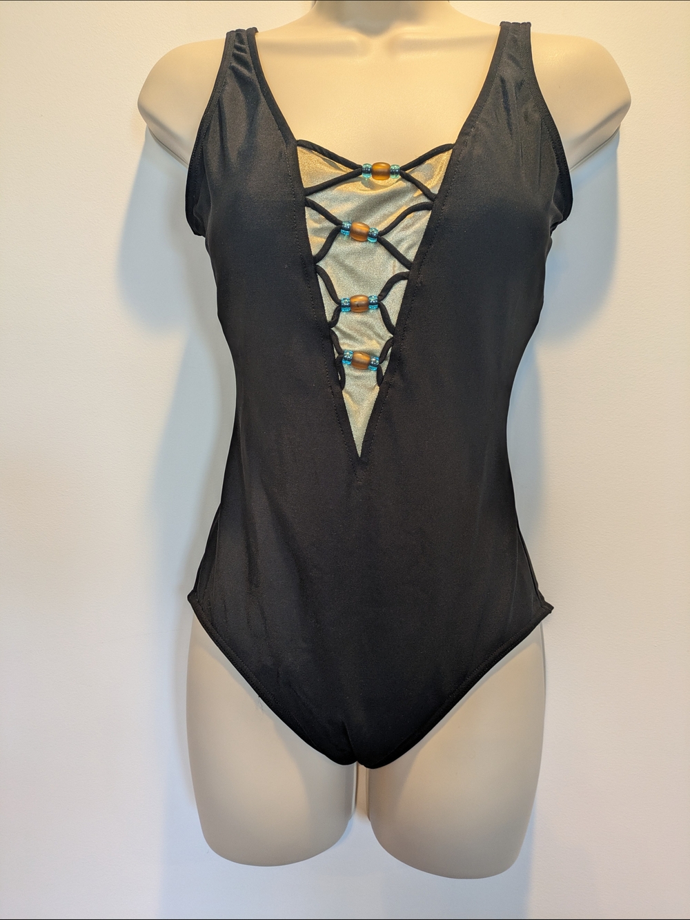 Black One-Piece Women's Swimsuit with Beaded Lace Front Size 10